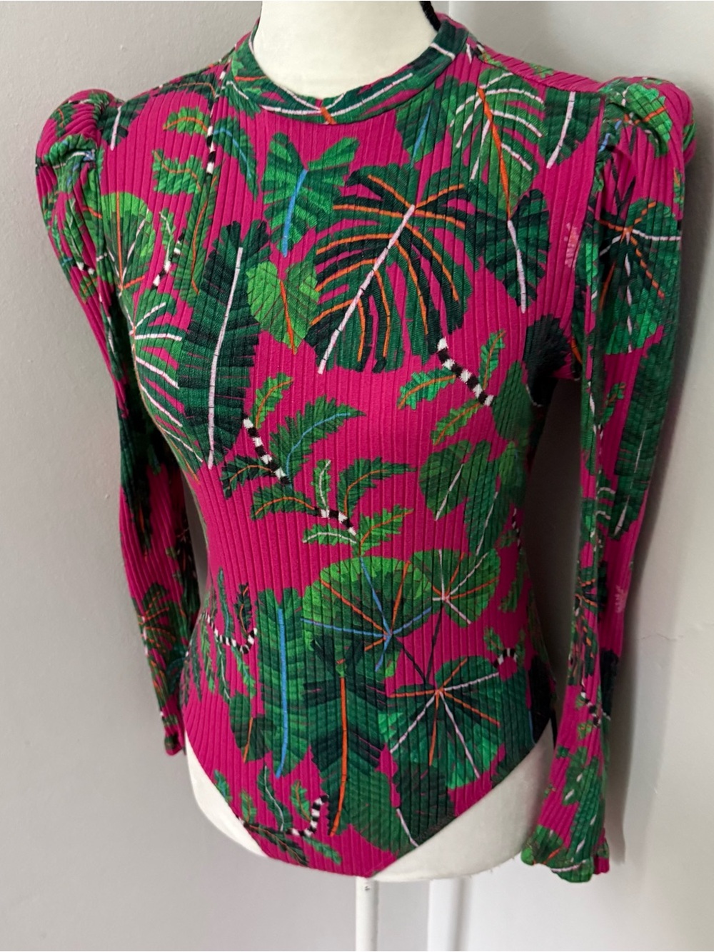 Pink Leaves Ribbed Long Sleeve Bodysuit by Farm Rio Medium - Picture 2 of 10